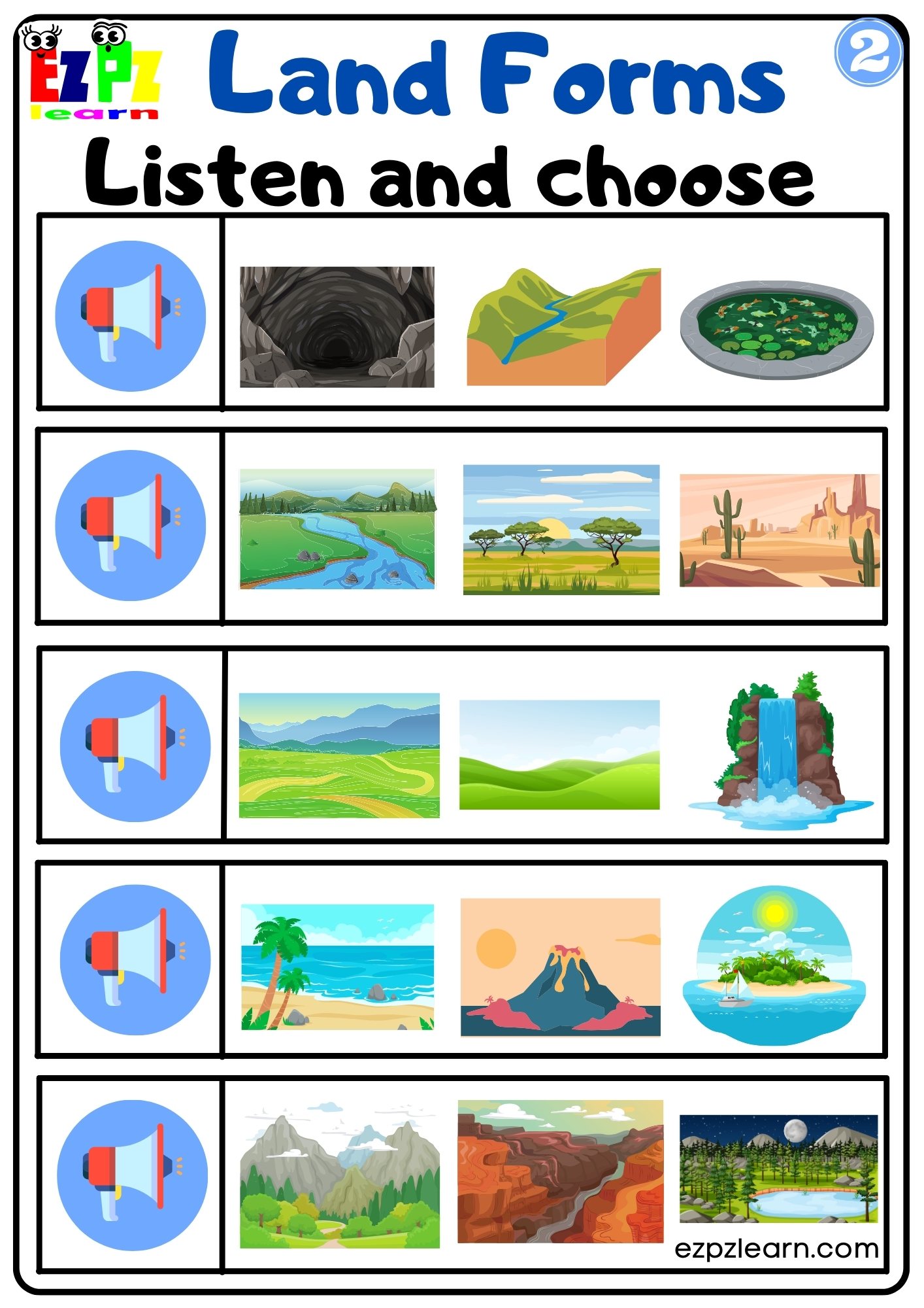Land Forms Vocabulary Interactive Worksheet Listen and Choose the